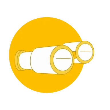 Graphic of a pair of yellow binoculars on a yellow circle background.