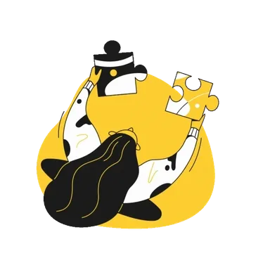 Illustration of a hand holding a puzzle piece and a puzzle box, with the puzzle piece matching the one missing in the box, set against a yellow background.