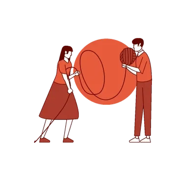 A digital illustration of a woman and a man playing tennis on a red background. The woman is holding a tennis racket, and the man is preparing to hit a tennis ball with his racket. Both are dressed casually in red and brown clothing.