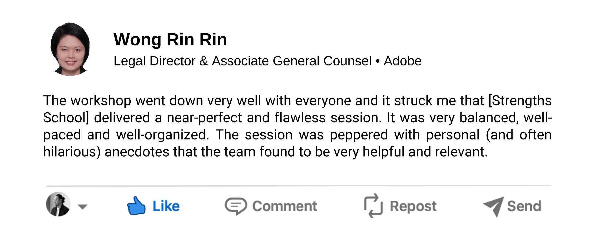 Screenshot of a LinkedIn recommendation for Wong Rin Rin, with her profile picture, name, job title, and a positive review of a workshop.