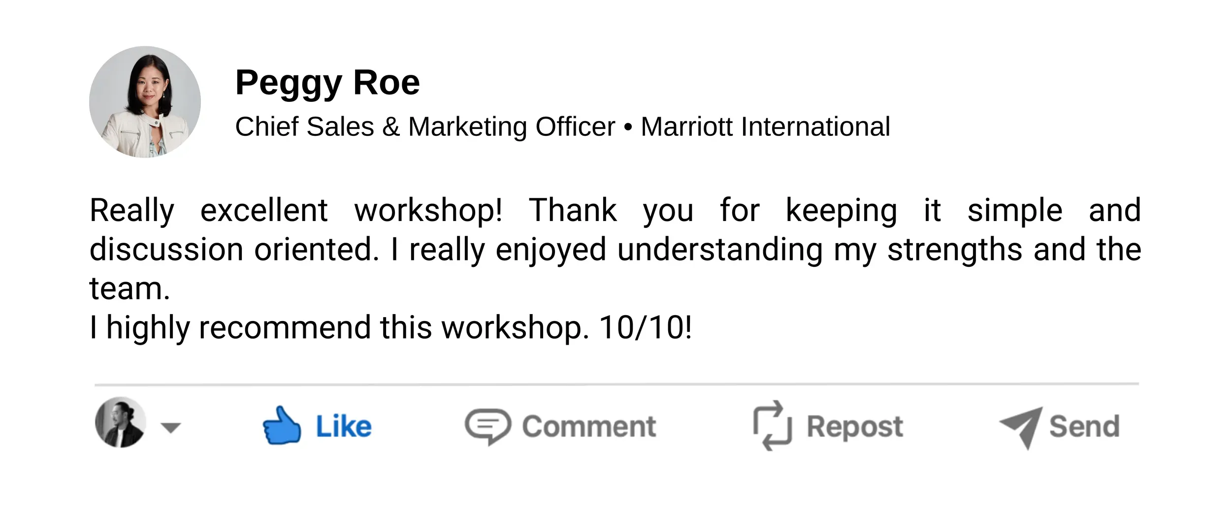 Testimonial from Peggy Roe, Chief Sales & Marketing Officer at Marriott International, praising a workshop for being simple and discussion-oriented, with a 10 out of 10 rating. Social media options and profile picture visible.