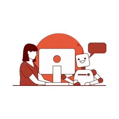 A woman and a robot sitting at a desk, with a monitor between them. The robot has a speech bubble, and there is a sun or a large circle in the background.