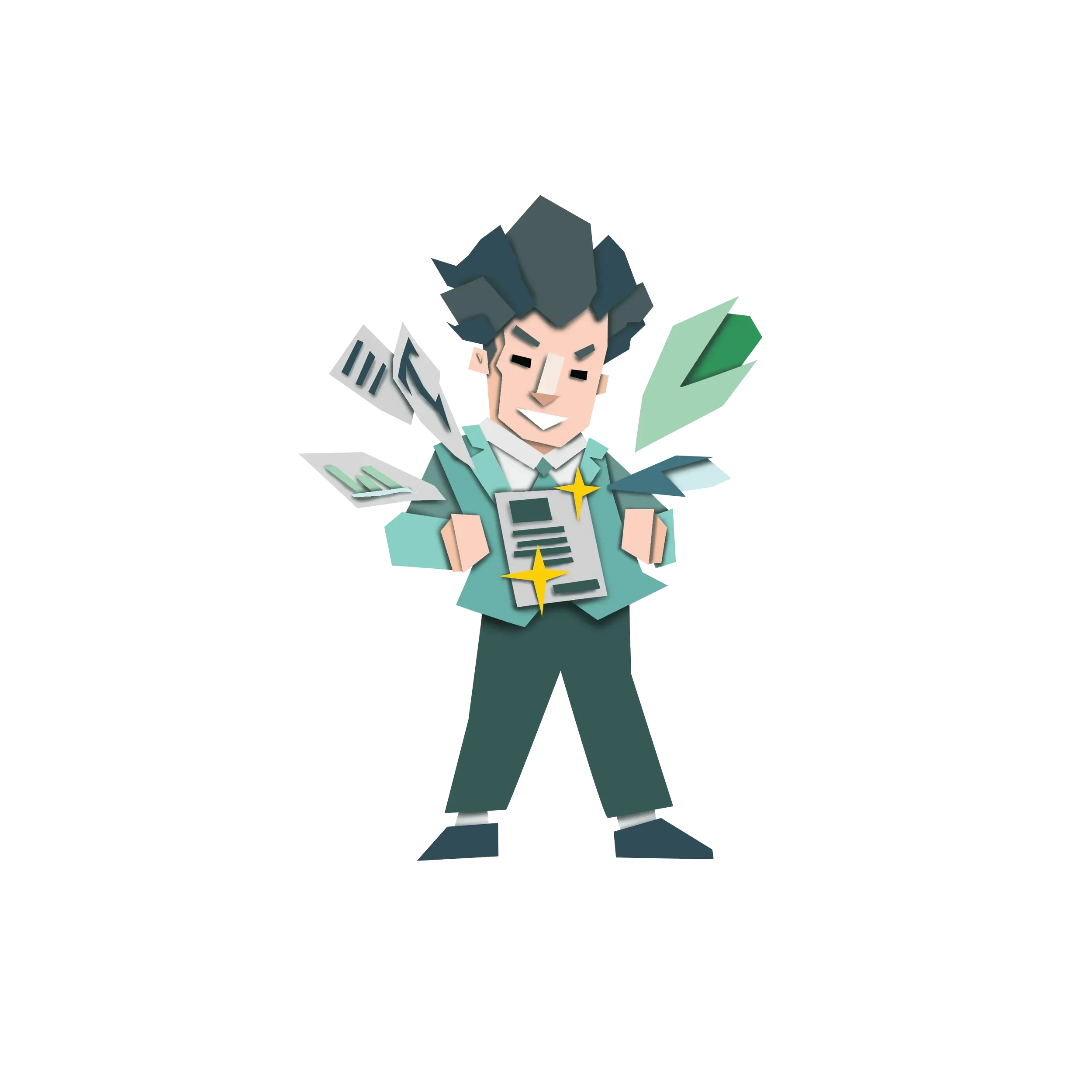 Cartoon man with dark, spiky hair holding a smartphone, smiling, surrounded by digital elements and sparkles.