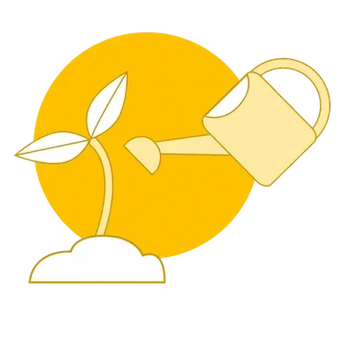 A yellow watering can watering a small plant with leaves against a yellow background.