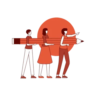 Three people walking together, holding a large pencil that extends behind them, with a stylized sun in the background.